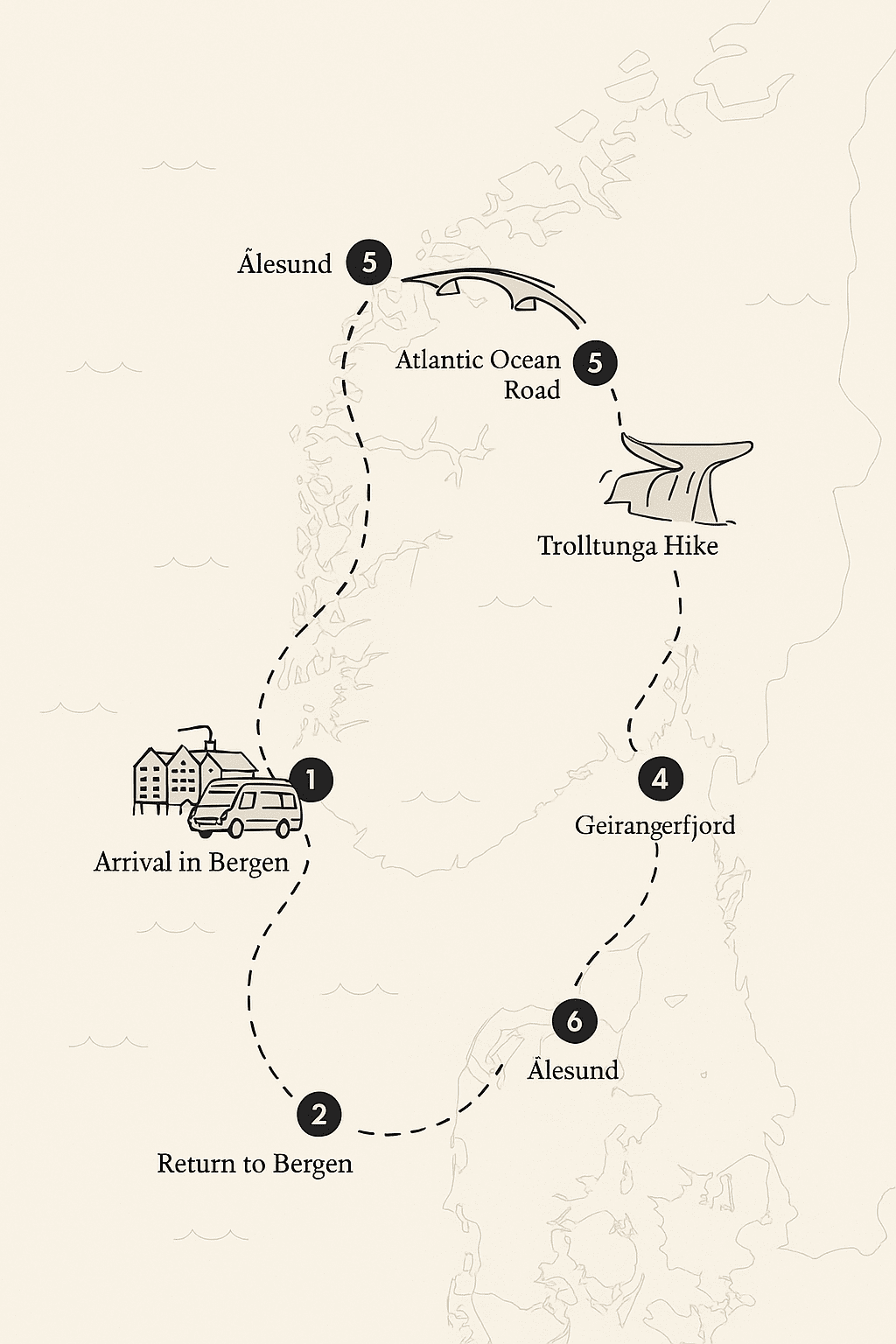 Bergen Region, Norway Route Map